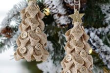 09 cute burlap Christmas tree ornaments with buttons and glitter star toppers