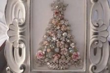 10 a vintage jewelry and beads Christmas tree in a white shabby chic frame