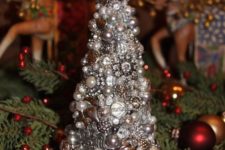 12 a cute silver Christmas tree of jewelry pieces, pearls and rhinestones for a glam feel