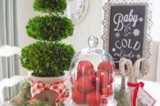 16 a tray with red ornaments in a cloche, a boxwood tree and some candy cones in a jar