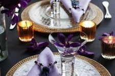 26 a whimsy table setting with wicker chargers, sheer plates, lilac napkins and ulta violet blooms