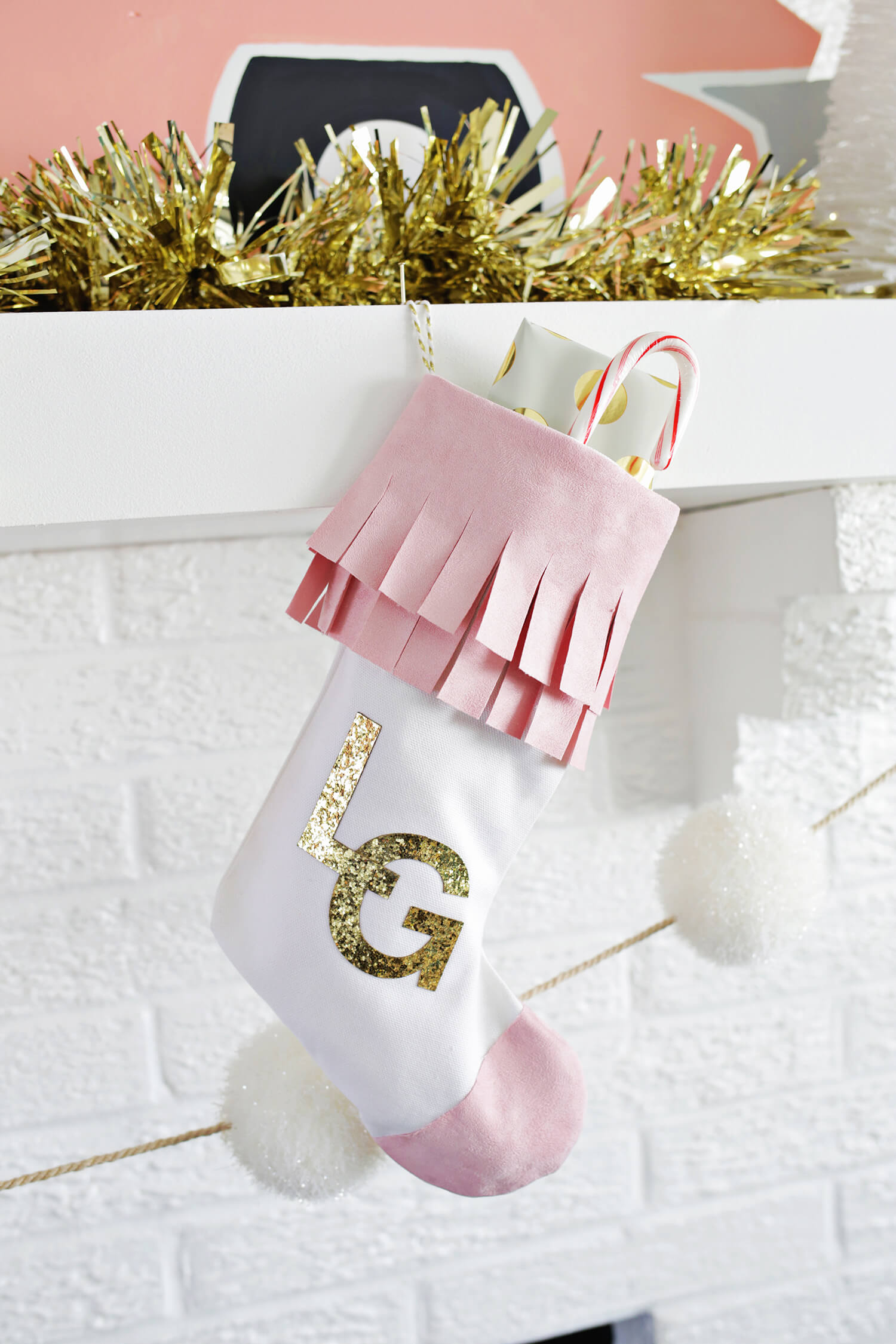 DIY faux suede Christmas stockings with glitter monograms