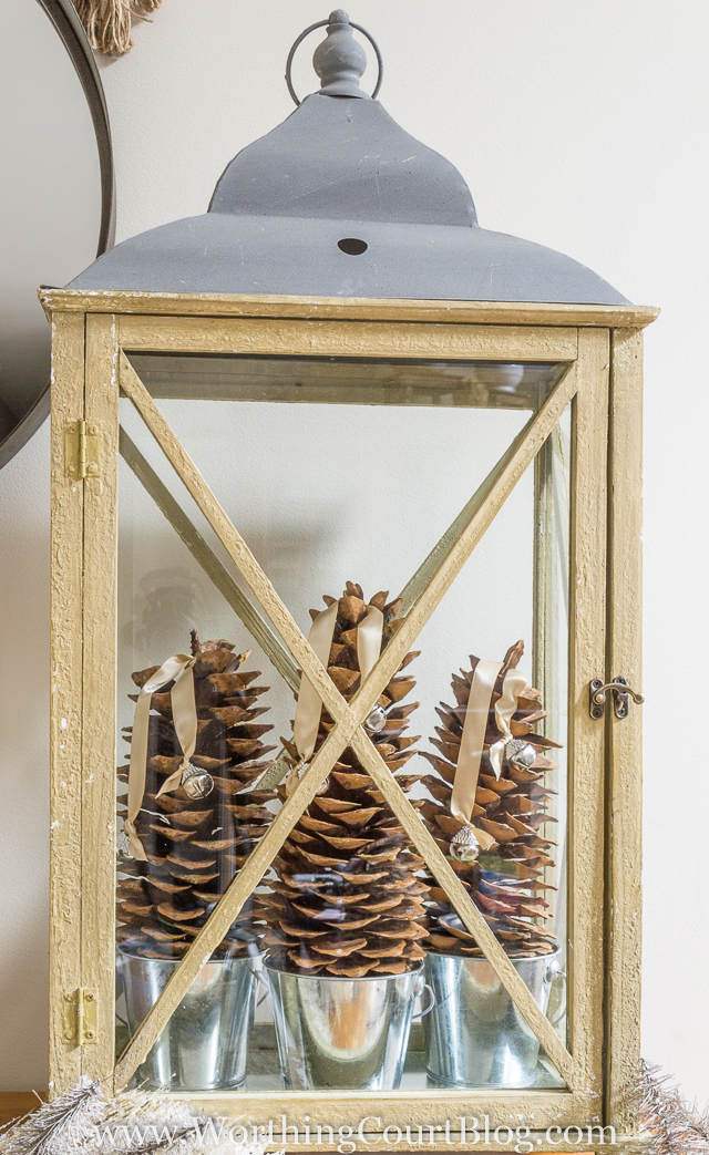 DIY Christmas lantern with large pinecones