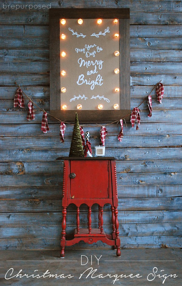 DIY Christmas marquee sign with sheer ornaments (via brepurposed.porch.com)