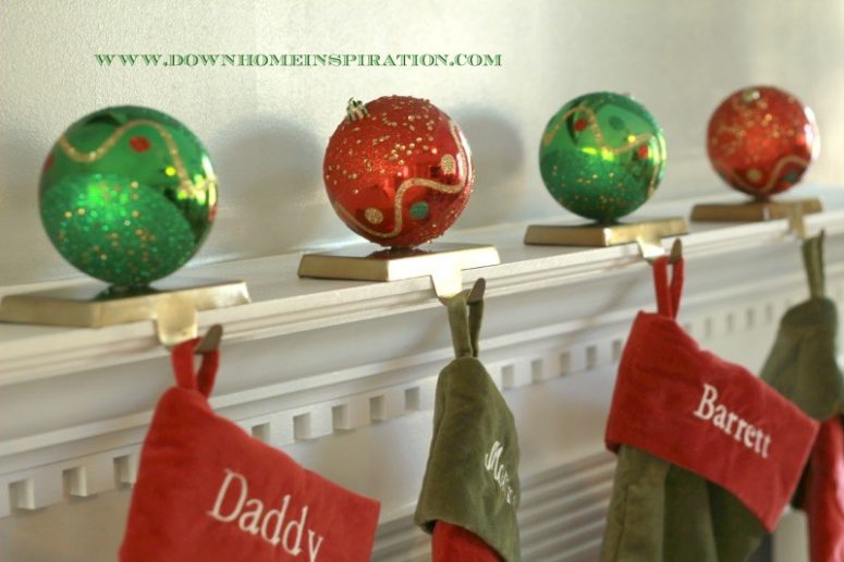 DIY stocking holders with ornaments (via www.downhomeinspiration.com)