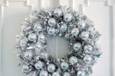 DIY silver tinsel and disco ball ornament wreath