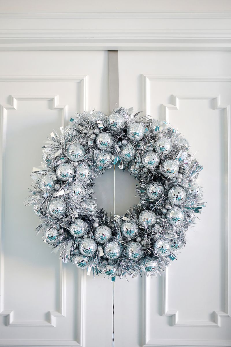 DIY silver tinsel and disco ball ornament wreath