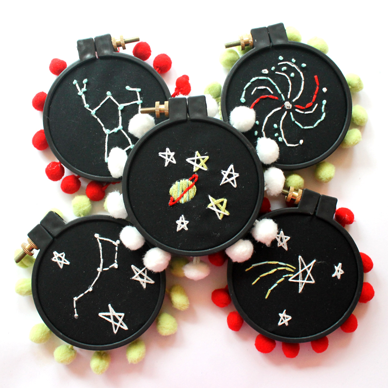 DIY mini constellation hoops with pompoms