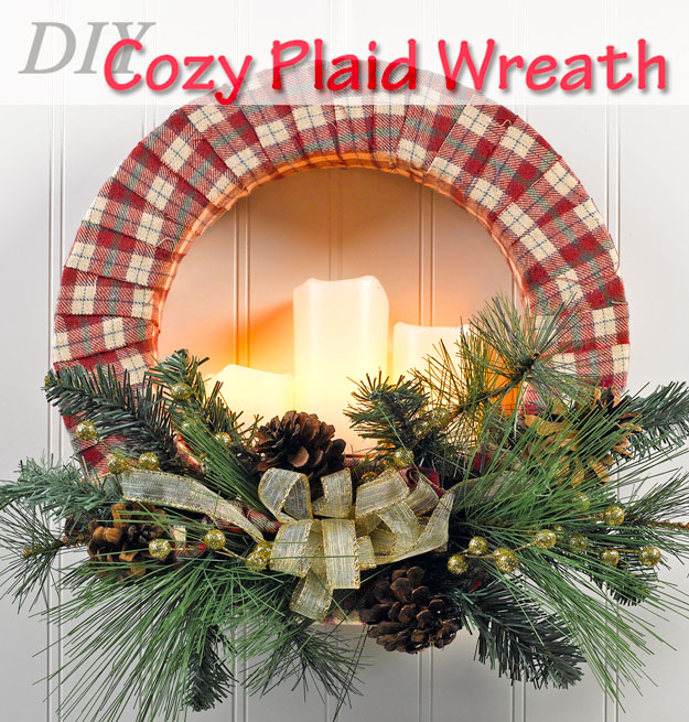 DIY cozy plaid candle Christmas wreath (via craftsncoffee.com)