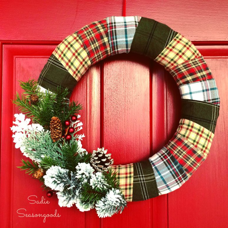 DIY flannel wrapped wreath with evergreens (via www.sadieseasongoods.com)