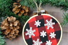 DIY buffalo plaid Christmas ornaments with snowflakes
