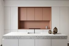 06 white and salmon pink cabinets and light grey terrazzo countertops