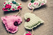 13 a shabby chic printed hearts garland with large buttons for a cute vintage space