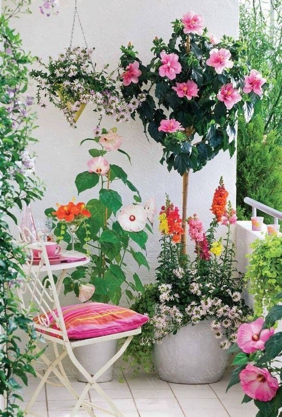 a chair and a table and lots of potted blooms and greenery to create a lush spring ambience