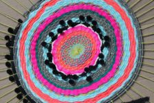 DIY woven circle mat with colorful pompom trim