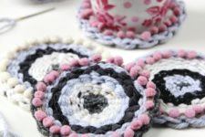 DIY circular woven coasters with pompoms