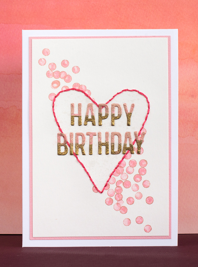 DIY pink birthday card with an embroidered heart