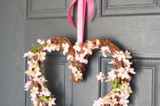 DIY Valentine heart grapevine wreath with faux cherry blossom