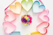 DIY colorful heart wreath with a pompom for Valentine’s Day