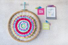 DIY colorful woven wall hanging with an embroidery hoop
