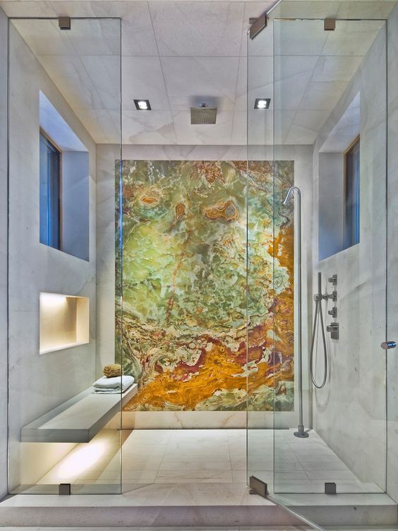 an agate statement wall in the shower is a great way to add an edgy touch to your bathroom