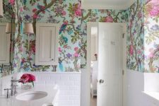10 a bold flora and fauna wallpaper and white tiles to create a contrast and make the wallpaper stand out