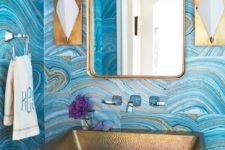 10 blue agate printed wallpaper with brass accessories and a sink for a refined feel