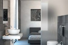 13 an opaque glass space divider gently separates the master bathroom and bedroom