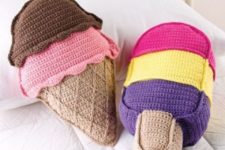 13 colorful ice cream crocheted pillows can be DIYed if you are familiar with the tehcnique