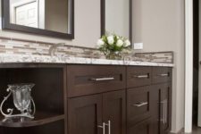 14 a narrow tile backsplash that matches the vanity countertop and adds a print to the look
