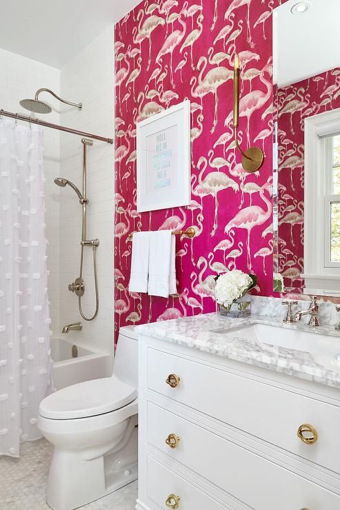 hot pink flamingo print wallpaper on one wall makes a bold statement