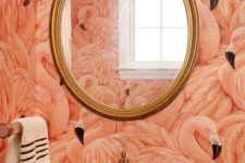 16 use coral flamingo wallpaper and brass touches to create a glam bathroom look