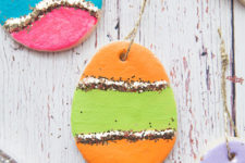 DIY color block and glitter Easter egg ornaments of salt dough