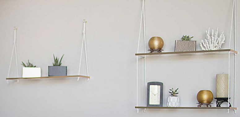 DIY lucite hanging shelves with a gold edge and ropes (via www2.fiskars.com)