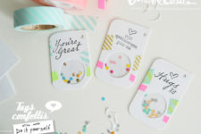 DIY cutout confetti tags with colorful washi tape