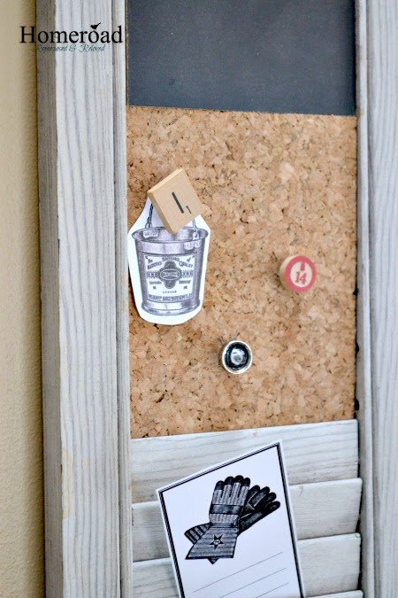 DIY weathered shutter organizer with a chalkboard and a pinboard (via www.homeroad.net)
