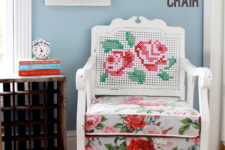 DIY cross stitch antique chair with florals