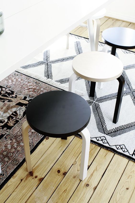 mismatching black and white IKEA Frosta stools for a contemporary or Scandinavian breakfast nook