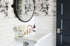 moody floral wallpaper in a bathroom
