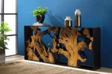 11 a breahttaking console table with a black metal frame, live edge wood in resin