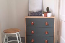 a modern industrial hack with matte grey drawers and leather handles