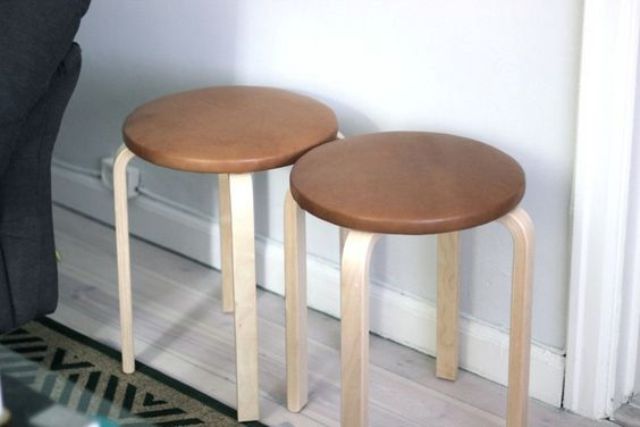 upholster IKEA Frosta stools with leather for a more chic look and a texture