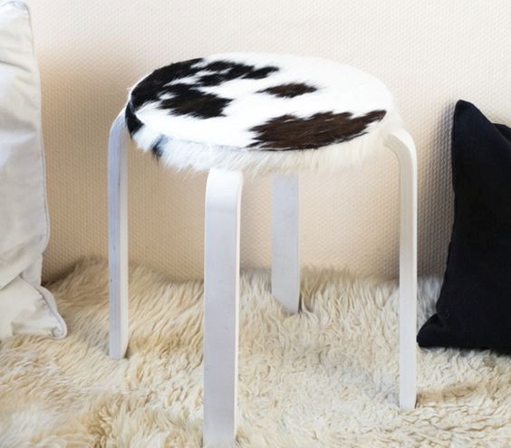 IKEA Frosta stool covered with faux cowskin for a comfy and warm seat and a catchy look