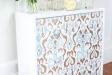 23 Rast painted white with drawers decorated with printed wallpaper to use as a drink station