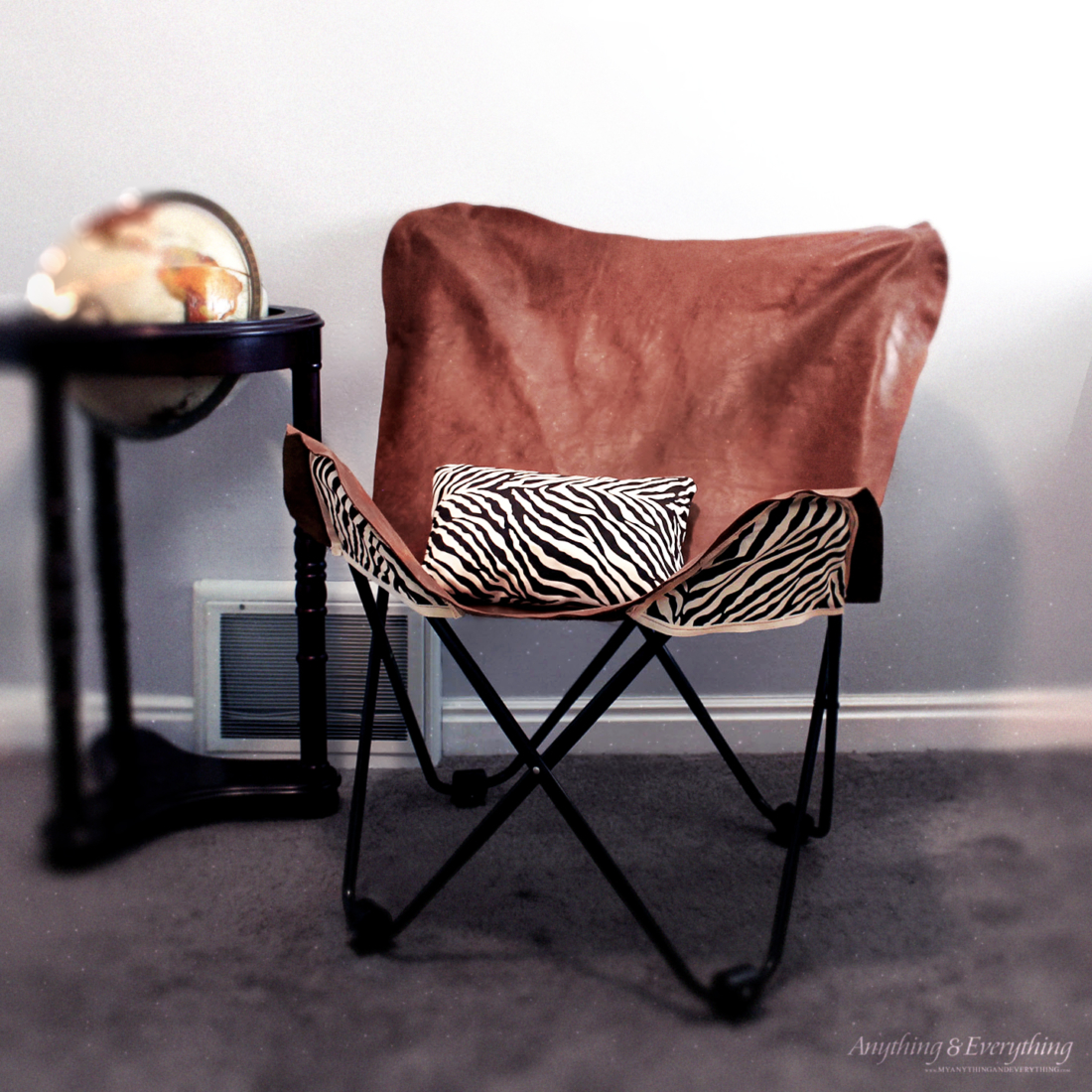 DIY leather butterfly chair cover with zebra print backing fabric