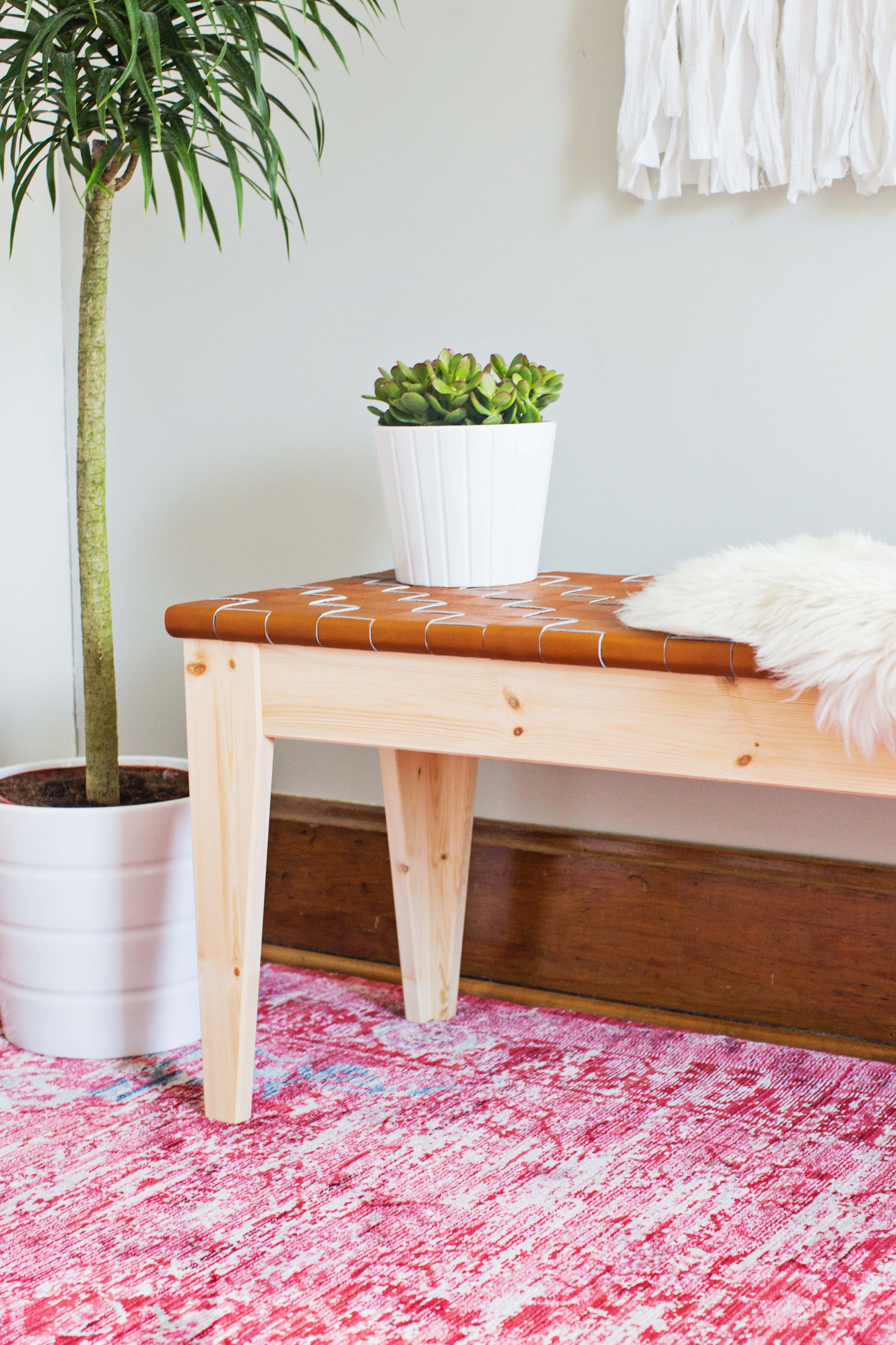 DIY woven leather bench from an IKEA piece