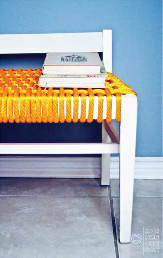 DIY vintage bench with a woven cord seat (via www.todaysnest.com)