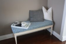 DIY upholstered entryway bench of a coffee table