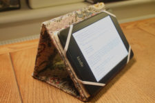 DIY cardboard and floral fabric tablet stand