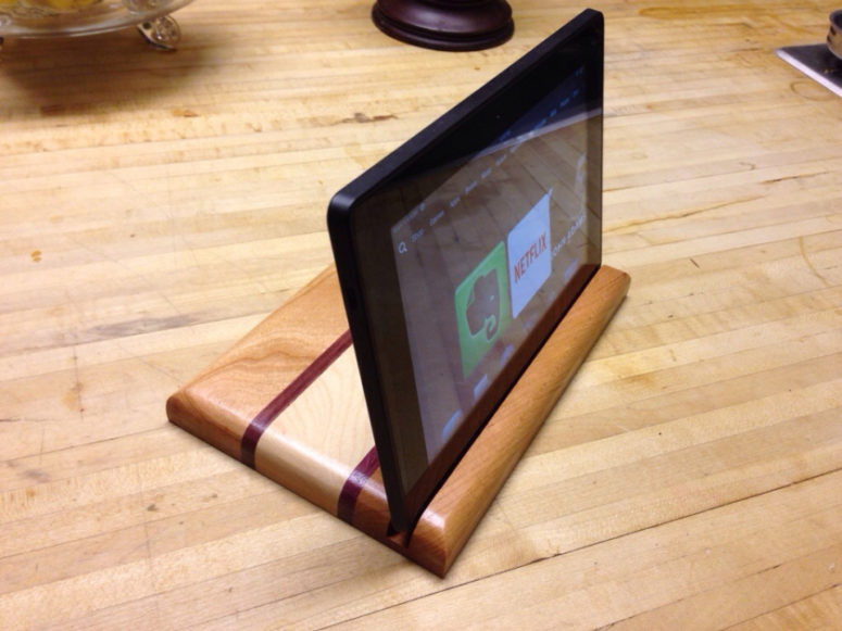 DIY striped wooden tablet stand of various kinds of wood (via diycraftaddiction.wordpress.com)